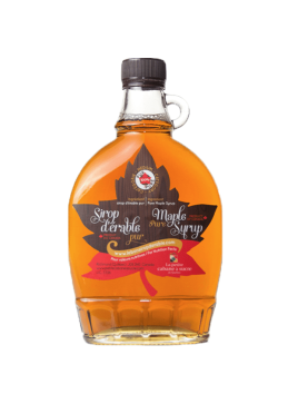 Jarabe de arce de rico sabor en una botella con asa de Quebec