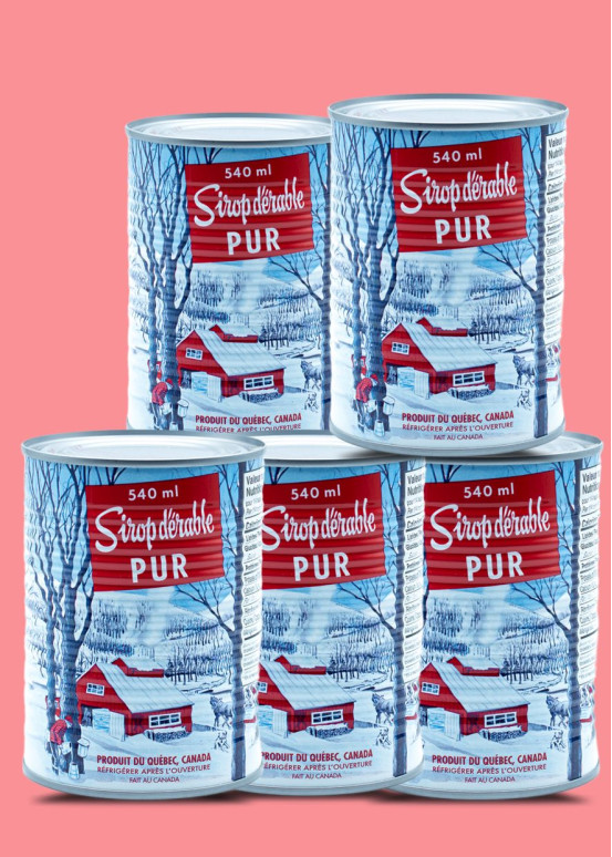 Pack of 5 cans of golden maple syrup