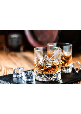 prestige spell whiskey in a glass with ice cube from Quebec