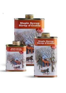 Trois tailles de bidons métal avec du sirop d'érable